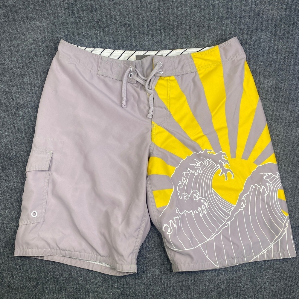 Old Navy Mens Board Shorts Large Purple Yellow Great Wave Sun Graphic Y2K